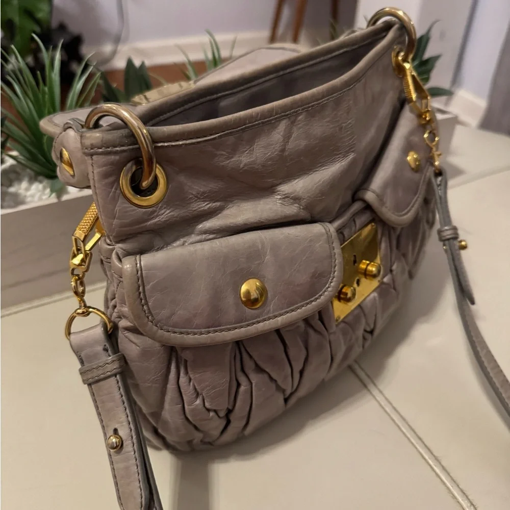 Miu Miu Gray Leather Handbag with Gold Accents - Picture 11 of 14